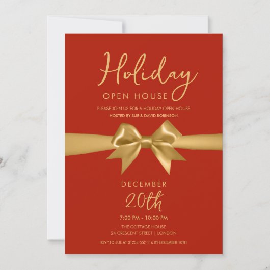 Christmas Holiday Open House Gold Bow Red  Kaart (Voorkant)