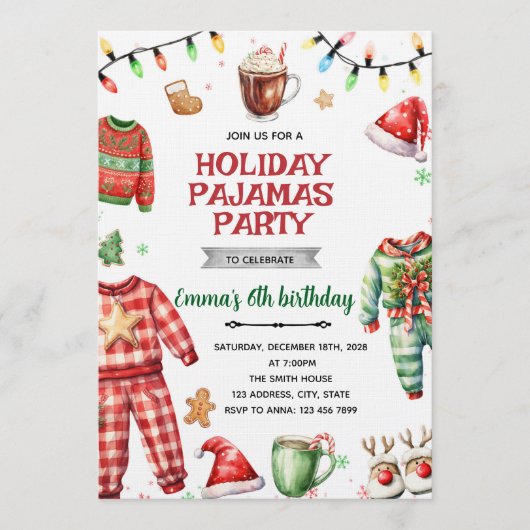 Christmas Holiday Pajama Party Invitation Kaart (Voorkant)