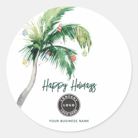 Christmas Holiday Palm Tree Business Name Ronde Sticker (Voorkant)