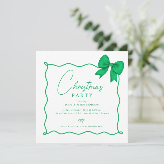 Christmas Holiday Party Whimsical Green Bow  Kaart (Staand voorkant)