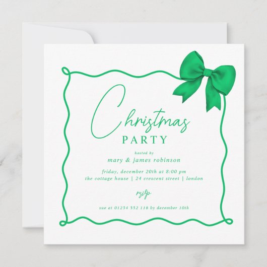Christmas Holiday Party Whimsical Green Bow  Kaart (Voorkant)
