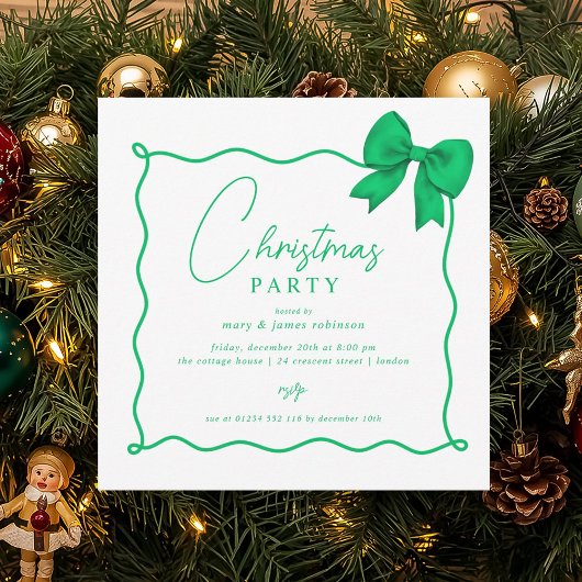 Christmas Holiday Party Whimsical Green Bow  Kaart