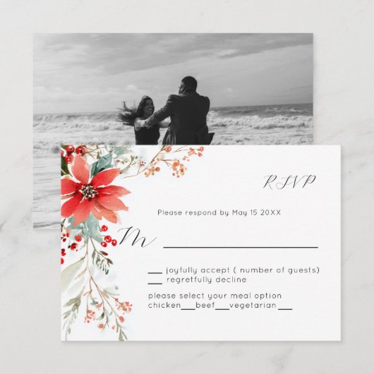 Christmas Holiday Poinsettia floral Wedding RSVP (Voorkant / Achterkant)