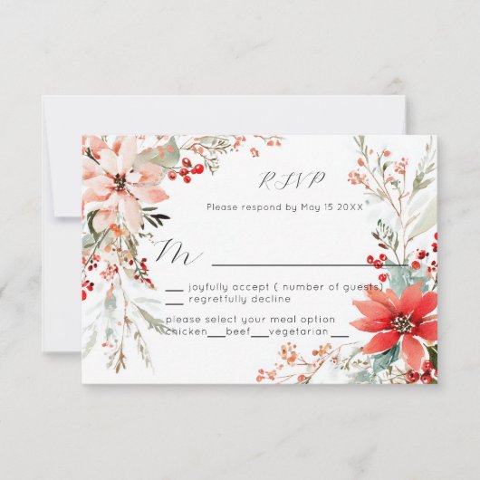Christmas Holiday Poinsettia floral Wedding RSVP (Voorkant)