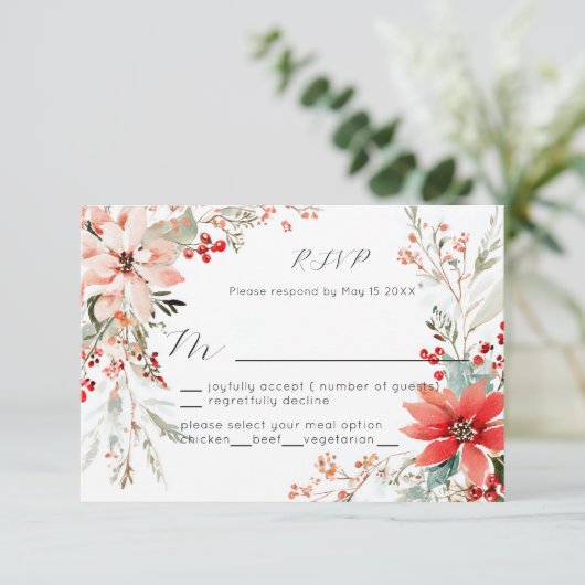 Christmas Holiday Poinsettia floral Wedding RSVP (Staand voorkant)