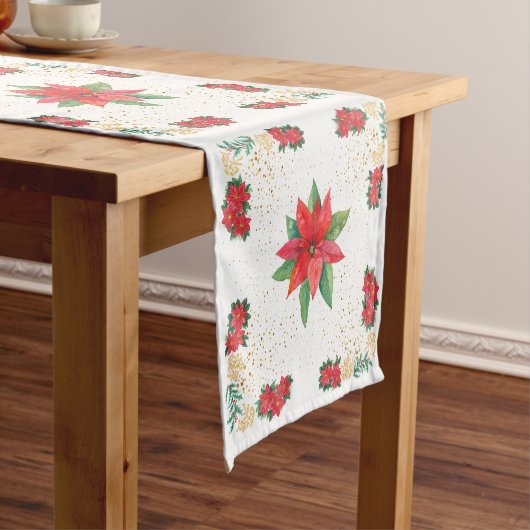 Christmas Holiday Red Poinsettia and Gold Korte Tafelloper (Voorbeeld)