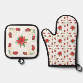 Christmas Holiday Red Poinsettia and Gold Ovenwant & Pannenlap Set (Voorkant)