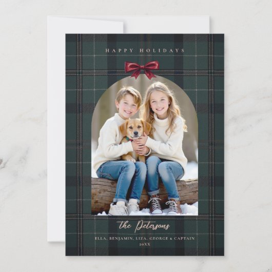 Christmas Holidays Plaid Tartan Arch Bow 4-Photo  Feestdagenkaart (Voorkant)
