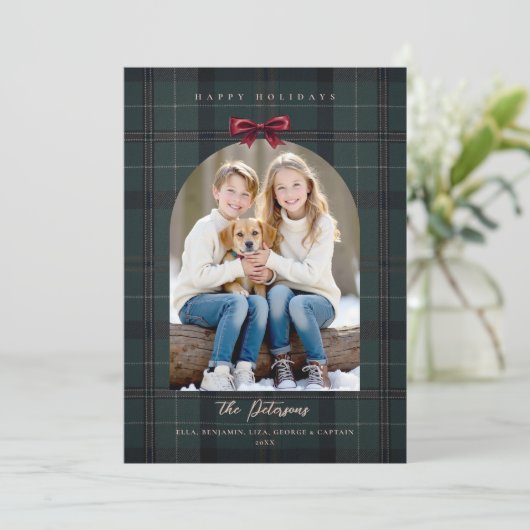 Christmas Holidays Plaid Tartan Arch Bow 4-Photo Feestdagenkaart (Staand voorkant)