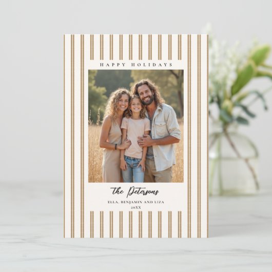 Christmas Holidays Taupe Stripes Earthy 2-Photo Feestdagenkaart (Staand voorkant)