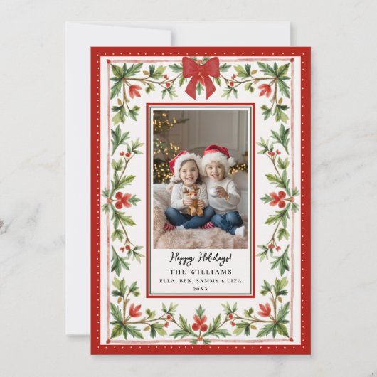 Christmas Holidays Whimsical Bow Botanical Photo Feestdagenkaart (Voorkant)