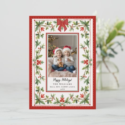 Christmas Holidays Whimsical Bow Botanical Photo Feestdagenkaart (Staand voorkant)