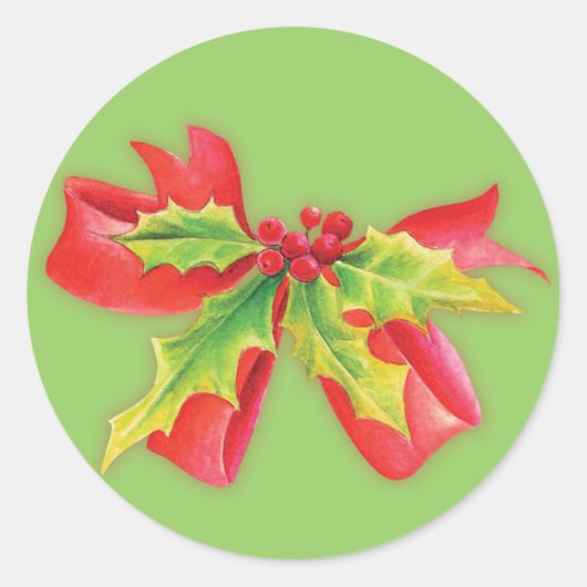 Christmas holly and bow watercolor art stickers (Voorkant)