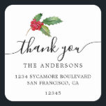 Christmas Holly Berries Bedankt Retouradres Vierkante Sticker<br><div class="desc">Kerstgroen dank u retour adres sticker met een stijlvolle touch van hulst en bessen. Voeg eenvoudig uw namen en adres toe in off-black elegante scriptkalligrafie en stijlvolle typografie op een witte achtergrond. Perfect voor kerstcadeaus of als envelopzegel. Exclusief voor u ontworpen door Happy Dolphin Studio. Als u hulp of overeenkomende...</div>