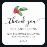 Christmas Holly Berries Bedankt Retouradres Vierkante Sticker<br><div class="desc">Kerstgroen dank u retour adres sticker met een stijlvolle touch van hulst en bessen. Voeg eenvoudig uw namen en adres toe in off-black elegante scriptkalligrafie en stijlvolle typografie op een witte achtergrond. Perfect voor kerstcadeaus of als envelopzegel. Exclusief voor u ontworpen door Happy Dolphin Studio. Als u hulp of overeenkomende...</div>