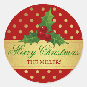 Christmas Holly Berries - Rode Gouden Stippen Cade Ronde Sticker