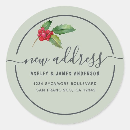 Christmas Holly Berries We've Moved New Address Ronde Sticker (Voorkant)