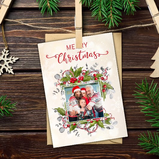 Christmas Holly Branch Fotokaart Kaart