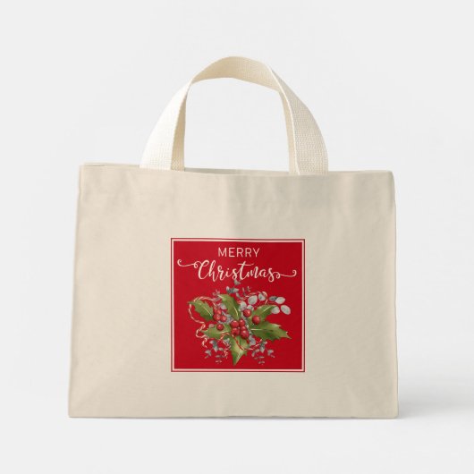 Christmas Holly Branch Kleine Canvas tas (Achterkant)