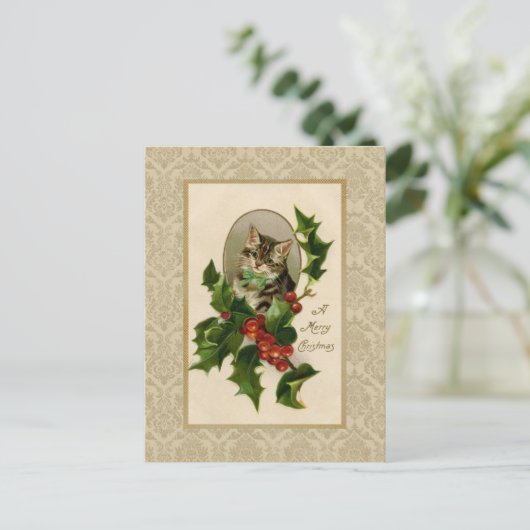 Christmas Holly Cat  Reproduction Briefkaart (Staand voorkant)