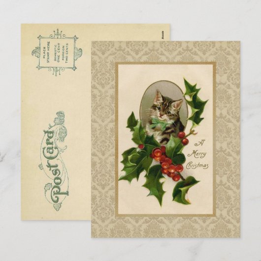 Christmas Holly Cat  Reproduction Briefkaart (Voorkant / Achterkant)