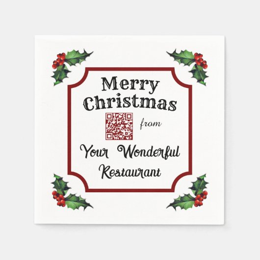 Christmas Holly Custom QR Code Restaurant (50) Servet (Voorkant)