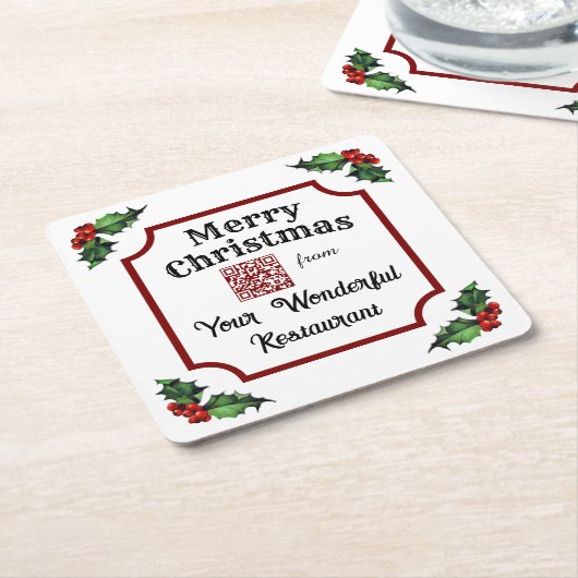 Christmas Holly Custom QR Code Restaurant Kartonnen Onderzetters (Schuin)