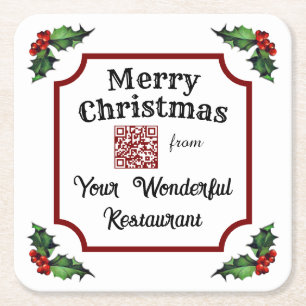 Christmas Holly Custom QR Code Restaurant Kartonnen Onderzetters