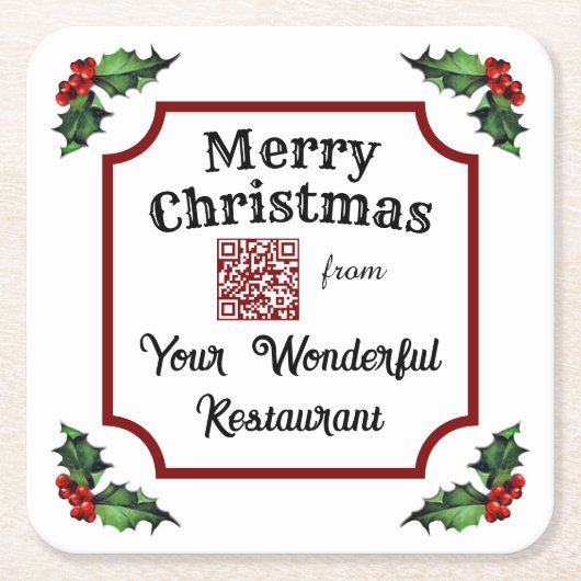 Christmas Holly Custom QR Code Restaurant Kartonnen Onderzetters (Voorkant)