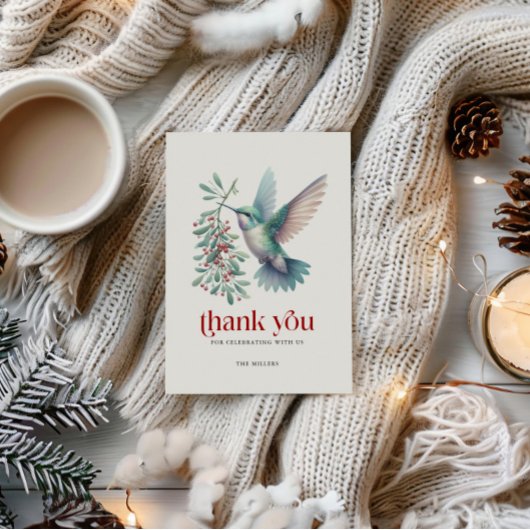Christmas Holly Hummingbird Thank You Typography Bedankkaart