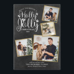 Christmas Holly Jolly Photo Collage Chalkboard Feestdagenkaart<br><div class="desc">An elegant Holly Jolly 4 foto collfoliday design for you to personalize with your favourite foto framed in gold,  message,  names and year on a chalkboard background. The reverse features falling snowflakes on a matching chalkboard background. Designed by Thisisnotme©</div>