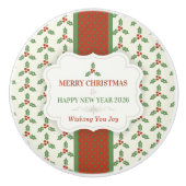 Christmas Holly Pattern Green Holly Red Berries Keramische Knop (Voorkant)