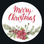 Christmas | Holly & Pines Festive Quote Ronde Sticker<br><div class="desc">Een kenmerkende seizoensstandaard; "Vrolijk kerstfeest" met heilig en pijnlijk. Rosy rood en lui om de winterrillingen weg te vegen met een warme vakantiegroet voor geliefden. Dit mooie citaat van de waterverf is de perfecte manier om te zeggen wat je voelt voor de feestelijke periode van dit jaar. Traditionele stijl die...</div>