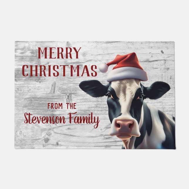 Christmas Holstein Koe Santa Familienaam Home Deurmat (Voorkant)