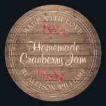 Christmas Homemade Cranberry Jam Canning Barn Wood Ronde Sticker<br><div class="desc">Rustieke en moderne zelfgemaakte kerst jam inblikken cranberry jam jar sticker met de tekst gemaakt met liefde, zelfgemaakte cranberry jam en jouw naam in modern script op een rustieke houten achtergrond met een stijlvolle touch van cranberries. Voeg eenvoudig jouw namen en de productnaam toe aan het label. Exclusief voor u...</div>