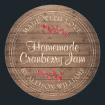 Christmas Homemade Cranberry Jam Canning Barn Wood Ronde Sticker<br><div class="desc">Rustieke en moderne zelfgemaakte kerst jam inblikken cranberry jam jar sticker met de tekst gemaakt met liefde, zelfgemaakte cranberry jam en jouw naam in modern script op een rustieke houten achtergrond met een stijlvolle touch van cranberries. Voeg eenvoudig jouw namen en de productnaam toe aan het label. Exclusief voor u...</div>