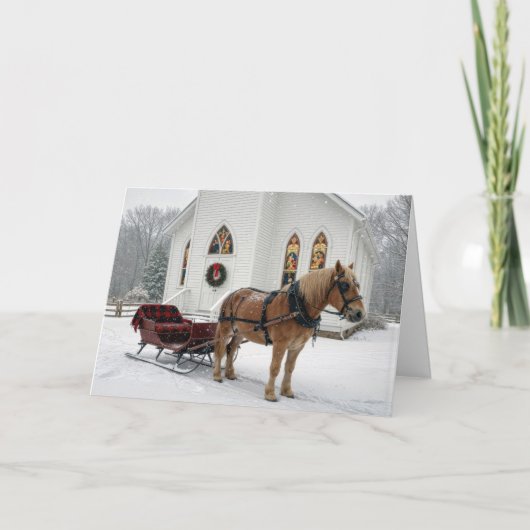 Christmas Horse-Drawn Sleigh Waiting By a Chapel Kaart (Voorkant)