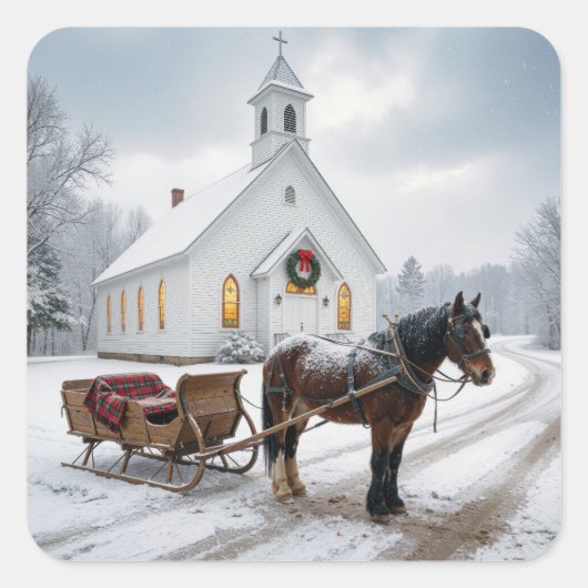 Christmas Horse-Drawn Sleigh Waiting By a Chapel Vierkante Sticker (Voorkant)