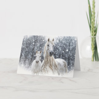 Christmas Horses White Mare and Foal in the Snow  Feestdagen Kaart