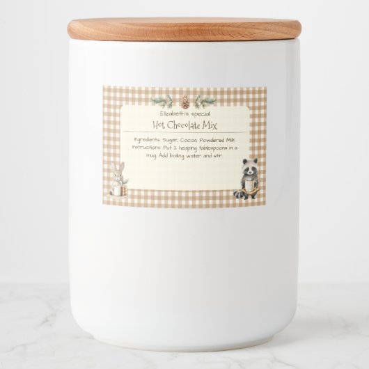 Christmas Hot Chocolate Mix Kleine Dieren Gingham Voedselcontainer Etiket (Voorkant)