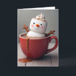 Christmas Hot Chocolate Snowman Feestdagen Kaart<br><div class="desc">Een schattige sneeuwman gemaakt van marshmallow is neergestreken in een rode mok vol met warme chocolademelk,  compleet met pretzel stick armen en een klodder slagroom op de top. Binnentekst kan worden gewijzigd.</div>