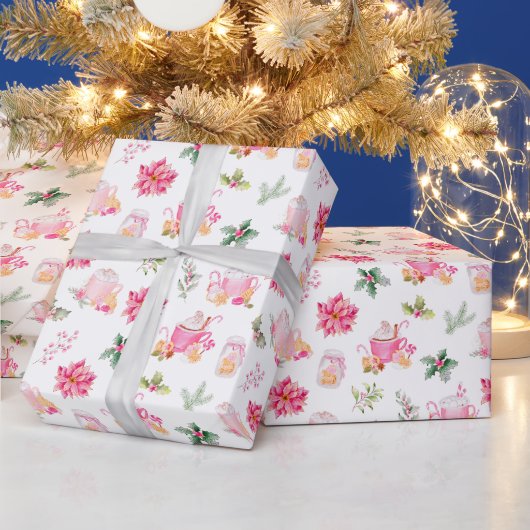 Christmas Hot Cocoa and Pink Poinsettias Cadeaupapier (Feestdagen)