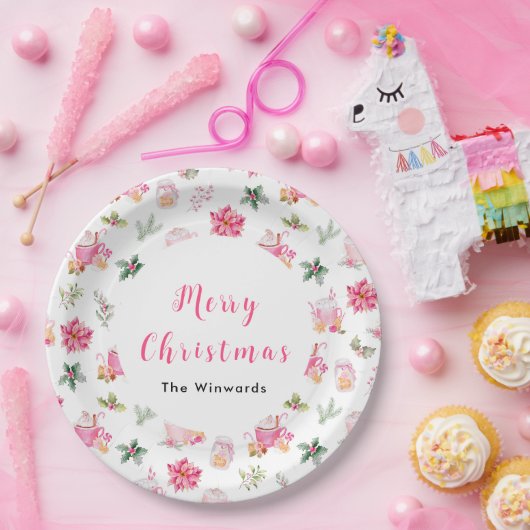 Christmas Hot Cocoa and Pink Poinsettias Papieren Bordje (Feest)