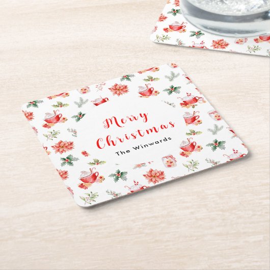 Christmas Hot Cocoa and Red Poinsettias Kartonnen Onderzetters (Schuin)