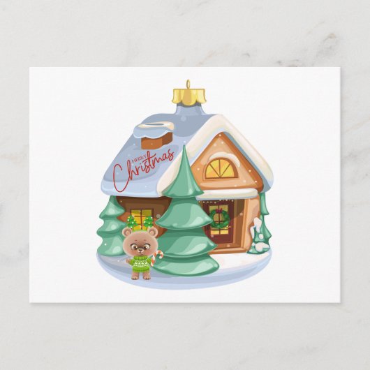 Christmas House Ornament en Leuke Teddy Bear Feestdagenkaart (Voorkant)