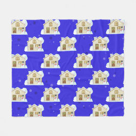 Christmas House Pattern - Blue Background Fleece Deken
