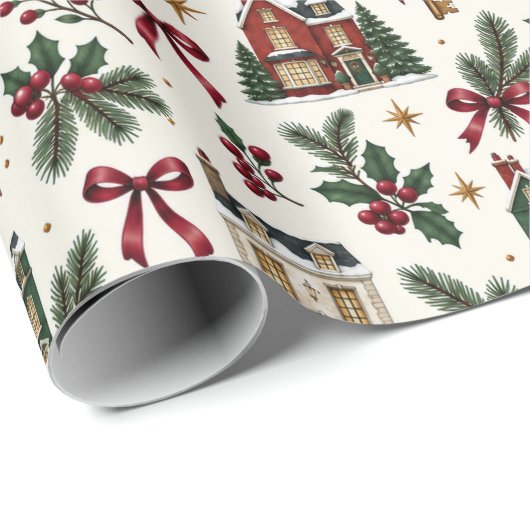 Christmas House Pattern Wrapping Paper Cadeaupapier (Rol Hoek)