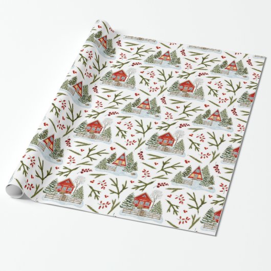 Christmas House Waterverf Pattern Cadeaupapier (Uitgerold)