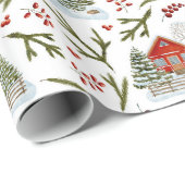 Christmas House Waterverf Pattern Cadeaupapier (Rol Hoek)