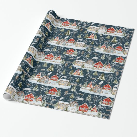 Christmas House Waterverf Pattern Cadeaupapier (Uitgerold)